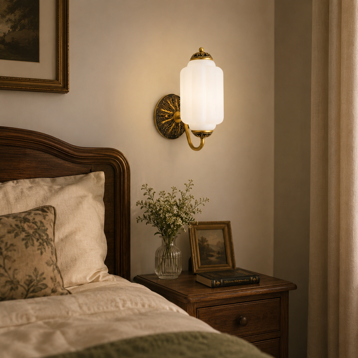 Perlemor Vegglampe i Messing og Frostet Glass